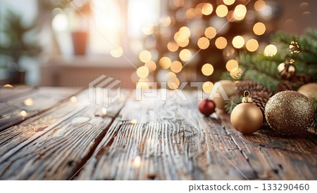 A warm Christmas wooden tabletop with gold ornaments, pine branches, and soft festive bokeh lights creates a cozy holiday atmosphere. Mockup for installation, display, and product promotion. A warm Christmas wooden tabletop with gold ornaments, pine branches, and soft festive bokeh lights creates a cozy holiday atmosphere. Mockup for installation, display, and product promotion. 133290460
