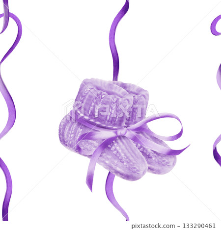 Purple knitted socks with a ribbon in seamless pattern as a symbol of World Prematurity Day.Hand drawn watercolor illustration for awareness campaigns,charity projects,supportive social media content Purple knitted socks with a ribbon in seamless pattern as a symbol of World Prematurity Day.Hand drawn watercolor illustration for awareness campaigns,charity projects,supportive social media content 133290461