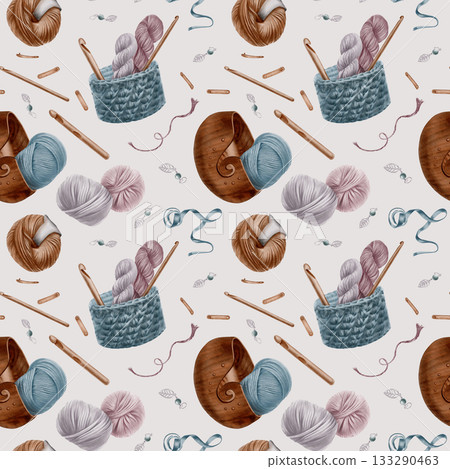 Seamless pattern dedicated to the hobby of crochet,featuring accessories like hook,woven and wooden basket,yarn balls,measuring tape,product tags and stitch markers.Hand drawn watercolor illustration 133290463