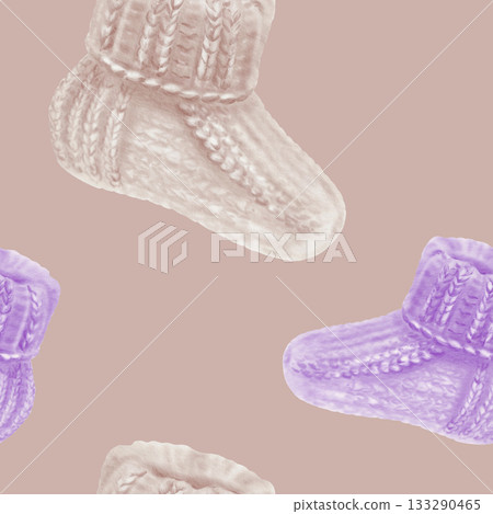 Beige and purple knitted socks in seamless pattern for World Prematurity Day awareness.Watercolor illustration for baby products,charity projects,medical campaigns,supportive social media content 133290465
