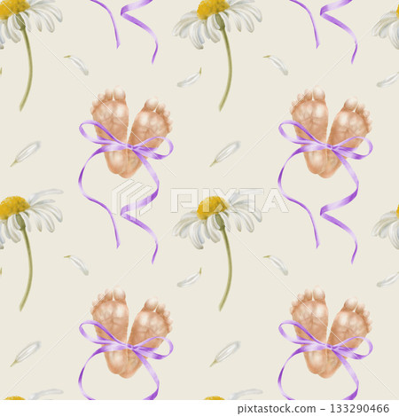 Premature baby feet tied with purple silk ribbon bow and chamomile flowers.Symbolic watercolor illustration for neonatal awareness,World Prematurity Day campaigns,and supportive charity projects 133290466