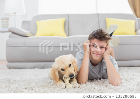 Male child lying on rug in living room beside gray sofa, puppy chewing knotted rope toy Male child lying on rug in living room beside gray sofa, puppy chewing knotted rope toy 133290683