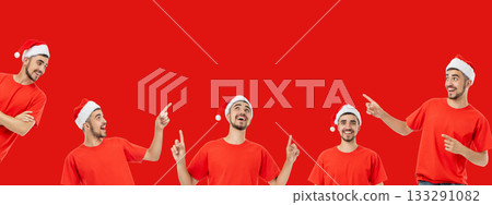 Man wearing red shirt and Santa hat pointing to promotional ideas 133291082