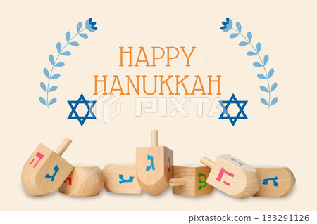 Colorful wooden dreidels arranged in a festive design Colorful wooden dreidels arranged in a festive design 133291126