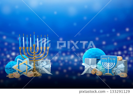 Menorah with lit candles, gifts, and decorations Menorah with lit candles, gifts, and decorations 133291129