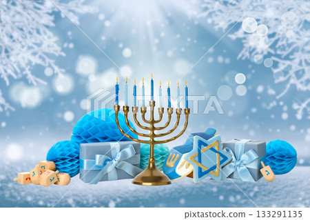 Menorah with blue candles and Hanukkah decor 133291135