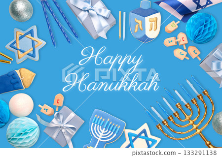 Blue background featuring decorations for Hanukkah holiday Blue background featuring decorations for Hanukkah holiday 133291138