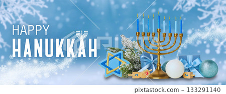Hanukkah decorations including menorah, dreidels, and gifts 133291140