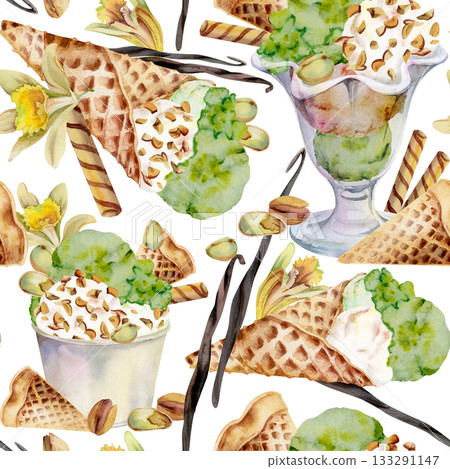 Vanilla flower and pods, nuts garnish on pistachio gelato ice cream in waffle cone, glass bowl or paper cup. Isolated seamless pattern hand drawn in watercolor. Organic flavor combo, gourmet branding Vanilla flower and pods, nuts garnish on pistachio gelato ice cream in waffle cone, glass bowl or paper cup. Isolated seamless pattern hand drawn in watercolor. Organic flavor combo, gourmet branding 133291147