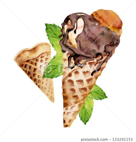 Toasted custard caramel creme brulee gelato in classic waffle cone with melted chocolate syrup and mint leaves. Isolated illustration hand drawn in watercolor. Gourmet food print, frozen snack wrap. Toasted custard caramel creme brulee gelato in classic waffle cone with melted chocolate syrup and mint leaves. Isolated illustration hand drawn in watercolor. Gourmet food print, frozen snack wrap. 133291153