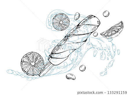 Citrus ice cream stick popsicle with fresh orange lemon slices, splashing water waves, droplets. Vector graphic line illustration hand drawn in ink. Frozen treat decor, cafe signage, product branding Citrus ice cream stick popsicle with fresh orange lemon slices, splashing water waves, droplets. Vector graphic line illustration hand drawn in ink. Frozen treat decor, cafe signage, product branding 133291159