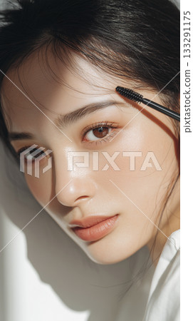 年輕的日本女性,眉毛塗了睫毛膏 年輕的日本女性,眉毛塗了睫毛膏 133291175
