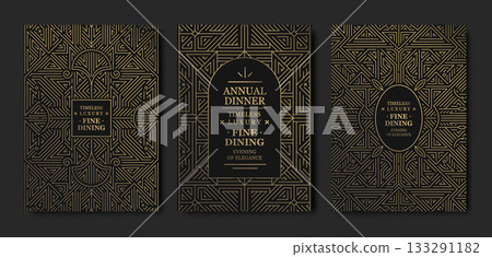 Luxury background, geometric Art Deco pattern, elegant gold line art, Gatsby border for premium gala designs. Modern vector template, VIP invitations, posters, covers, prestige event branding Luxury background, geometric Art Deco pattern, elegant gold line art, Gatsby border for premium gala designs. Modern vector template, VIP invitations, posters, covers, prestige event branding 133291182