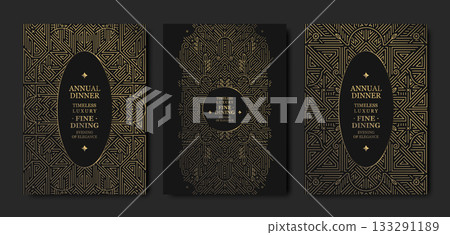 Luxury background, geometric Art Deco pattern, elegant gold line art, Gatsby border for premium gala designs. Modern vector template, VIP invitations, posters, covers, prestige event branding 133291189
