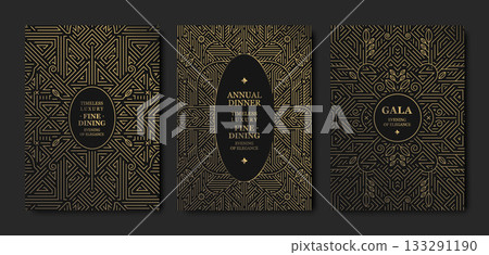 Luxury background, geometric Art Deco pattern, elegant gold line art, Gatsby border for premium gala designs. Modern vector template, VIP invitations, posters, covers, prestige event branding 133291190