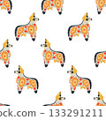 Seamless pattern of Sculpture Dymkovsky toy. Cow, bull, buffalo, taurus. Russian toys. Folk creation. 133291211