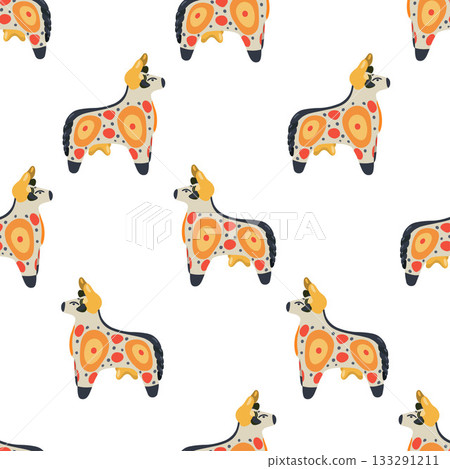 Seamless pattern of Sculpture Dymkovsky toy. Cow, bull, buffalo, taurus. Russian toys. Folk creation. Seamless pattern of Sculpture Dymkovsky toy. Cow, bull, buffalo, taurus. Russian toys. Folk creation. 133291211