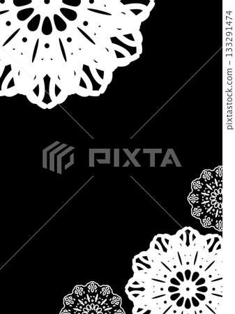 Paper-cutting style lace pattern arranged in the corner, black background and white doily lace frame 133291474
