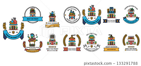 A collection of symbols and designs, including a house, a tree, and a building 133291788