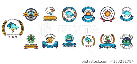 A collection of symbols and designs, including a sun, a cloud, and a tree 133291794