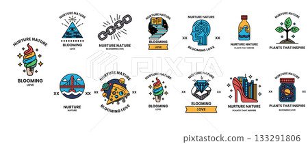 A series of images with the words "blooming" and "love" written below them A series of images with the words "blooming" and "love" written below them 133291806