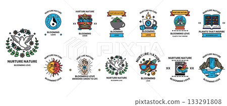 A collection of nature-themed icons, including a bird, a tree, and a cup A collection of nature-themed icons, including a bird, a tree, and a cup 133291808