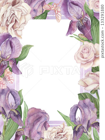Watercolor floral frame with delicate pink roses, purple irises, green leaves, soft butterflies. Elegant botanical border for invitations, greeting cards, wedding stationery, spring designs 133291880