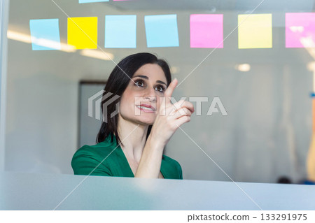 Woman wearing green blazer pointing at colorful sticky notes on glass partition at office Woman wearing green blazer pointing at colorful sticky notes on glass partition at office 133291975