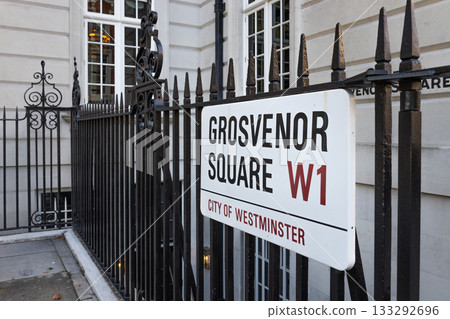 Grosvenor Square W1 Street Sign on Black Railings in Mayfair, City of Westminster, London 133292696