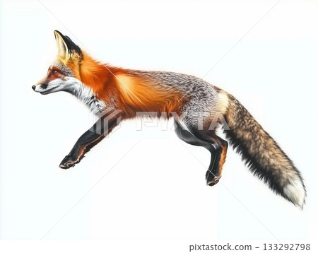 A red fox leaps gracefully against a clean white backdrop, displaying agility and beauty 133292798