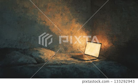 Oil painting style image of a laptop computer faintly glowing in a room 133292943