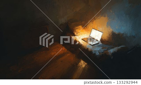 Oil painting style image of a laptop computer faintly glowing in a room 133292944