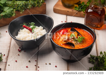 Spicy tom yam soup with rice served together Spicy tom yam soup with rice served together 133292989