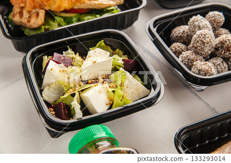 Fresh feta salad with beet and greens 133293014