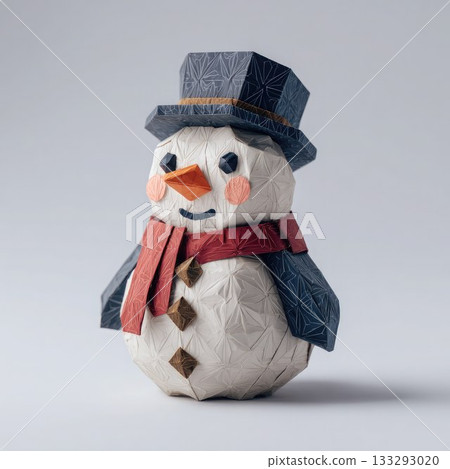 A cute geometric origami paper snowman with a scarf and paper hat on a light background. A minimalist Christmas decoration for holiday designs, cards, or DIY holiday crafts. 133293020