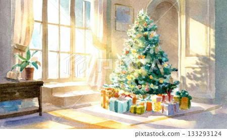 水彩聖誕樹和禮物圖片 133293124