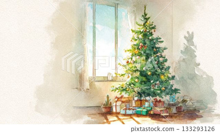 水彩聖誕樹和禮物圖片 133293126