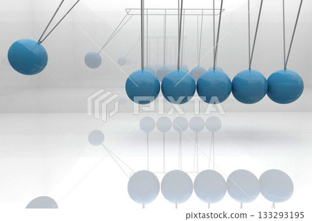 Newton's cradle 3D render showing glossy blue spheres swinging on wires in reflective white space Newton's cradle 3D render showing glossy blue spheres swinging on wires in reflective white space 133293195