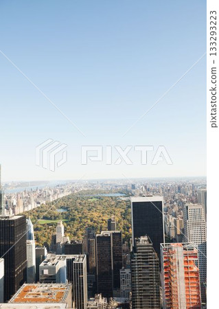Urban cityscape is showing in flat design with skyscrapers, park paths and ponds 133293223