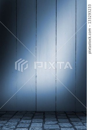 Wooden paneled wall is being shown in flat design corner, with muted blue, grey cobblestone floor Wooden paneled wall is being shown in flat design corner, with muted blue, grey cobblestone floor 133293233