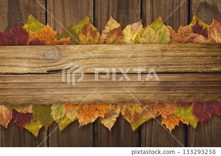 Flat design is showing weathered plank sitting on board background, featuring autumn leaves border Flat design is showing weathered plank sitting on board background, featuring autumn leaves border 133293238