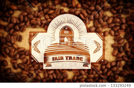 Sepia design Fair Trade emblem is floating over coffee bean burlap featuring barn and wheat motifs 133293249