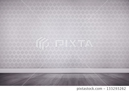 Gray geometric motif wallpaper is lining wall, showing white trim and dark floor in flat design Gray geometric motif wallpaper is lining wall, showing white trim and dark floor in flat design 133293262
