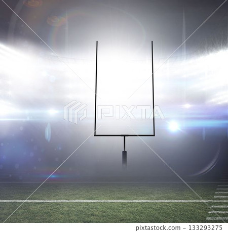 Flat design football goal post is standing on yard lined turf under floodlights with lens flare Flat design football goal post is standing on yard lined turf under floodlights with lens flare 133293275
