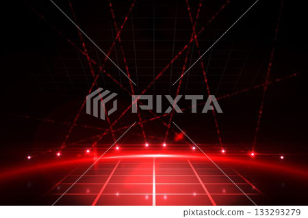 3D stage showing red grid floor, spotlights and crossing laser beams over transparent grid backdrop 133293279