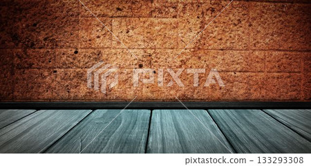 Gray wooden shelf on brown wall Gray wooden shelf on brown wall 133293308