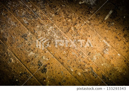 Aged wooden floor planks are being shown in flat design, with dust, paint splatters, small stones Aged wooden floor planks are being shown in flat design, with dust, paint splatters, small stones 133293343