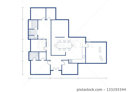 Architectural floor plan is being shown in blueprint style, with dining table, stove and fixtures 133293344