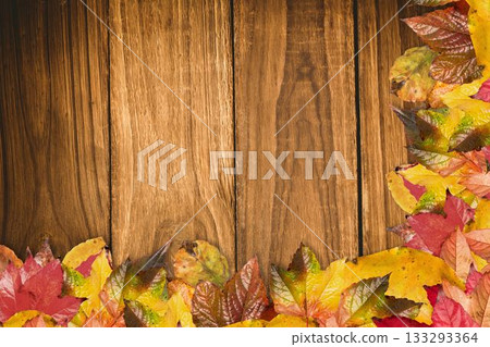 Wooden plank surface is being displayed in flat-lay composition, featuring autumn leaves border Wooden plank surface is being displayed in flat-lay composition, featuring autumn leaves border 133293364