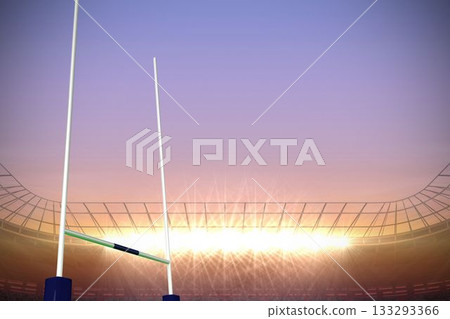 White rugby goalposts are being shown in flat design stadium under glowing twilight floodlights White rugby goalposts are being shown in flat design stadium under glowing twilight floodlights 133293366